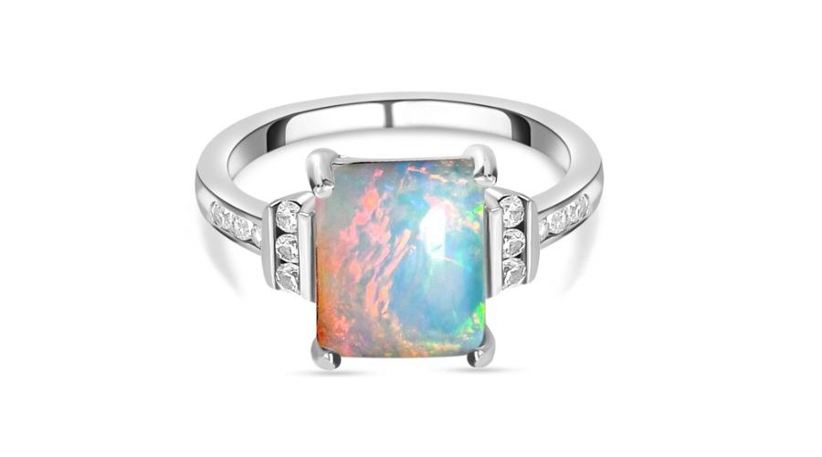 Ethiopian Welo Opal and Natural Cambodian Zircon Ring in Platinum Overlay Sterling Silver 2.47 Ct
