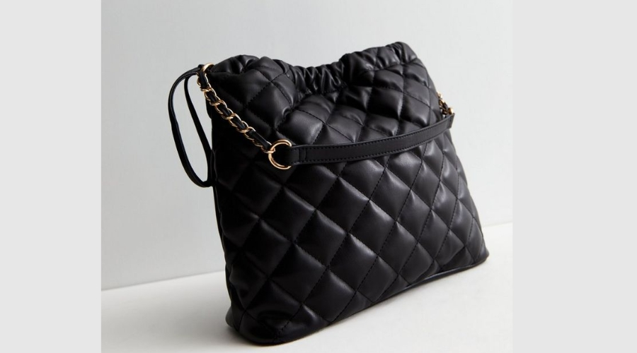 Black Quilted Ruched Drawstring Shoulder Bag