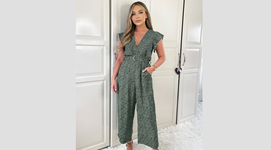 Animal Print Short Frill Sleeve Belted Jumpsuit