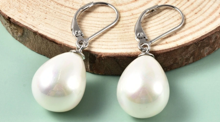 White Shell Pearl Solitaire Drop Earrings in Platinum 