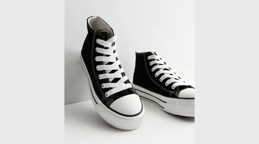 Black Double Stripe Canvas High Top Trainers
