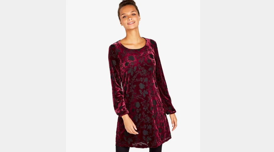 Apricot Burgundy Floral Velvet Mini Tunic Dress