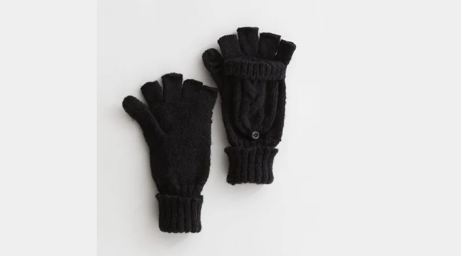 Black Cable Knit Flip Top Gloves