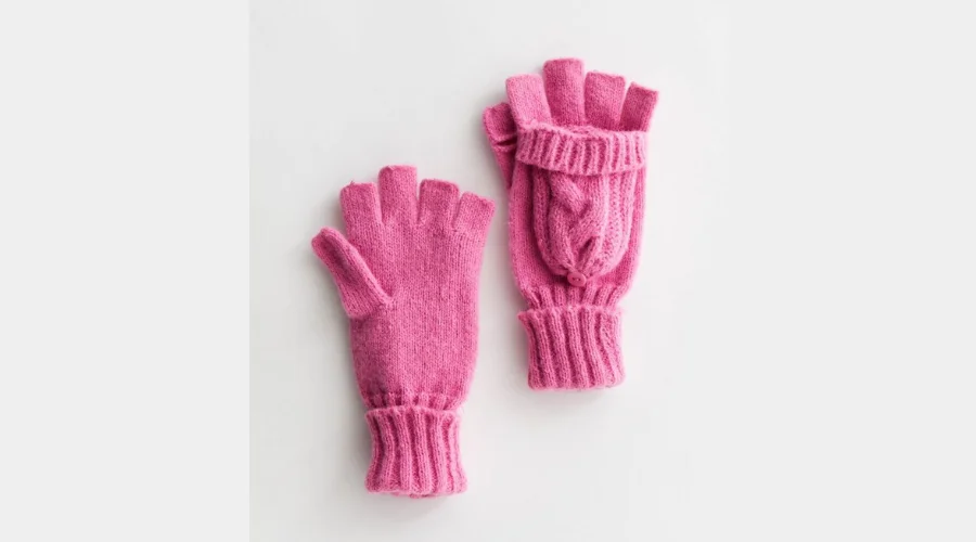 Bright Pink Cable Knit Flip Top Gloves