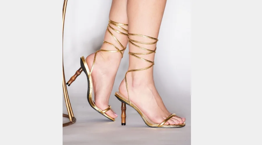 Gold Tie Faux Bamboo Heel Sandals