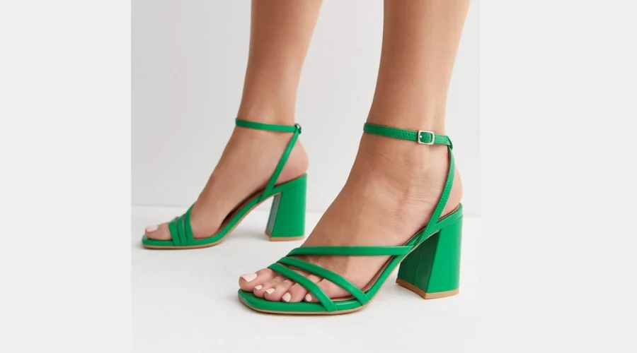 Green Leather-Look Open Toe Strappy Block Heel Sandals