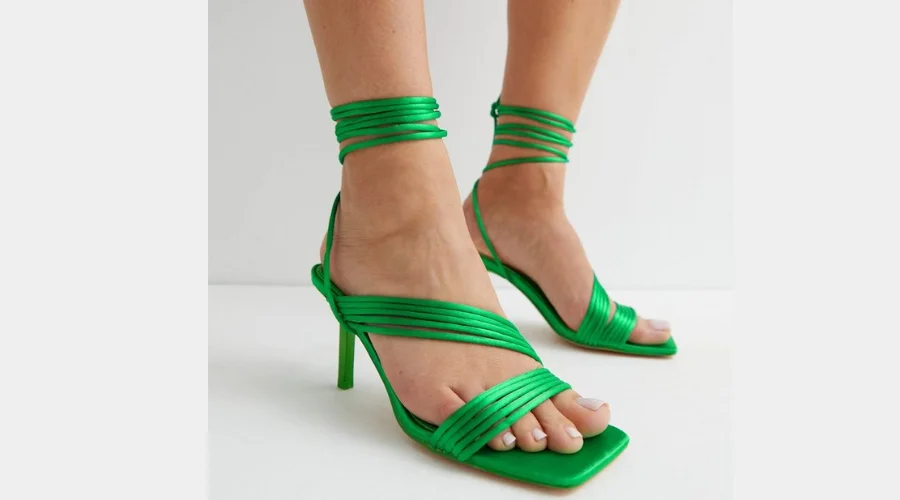 Public Desire Green Strappy Ankle Tie Stiletto Heel Sandals