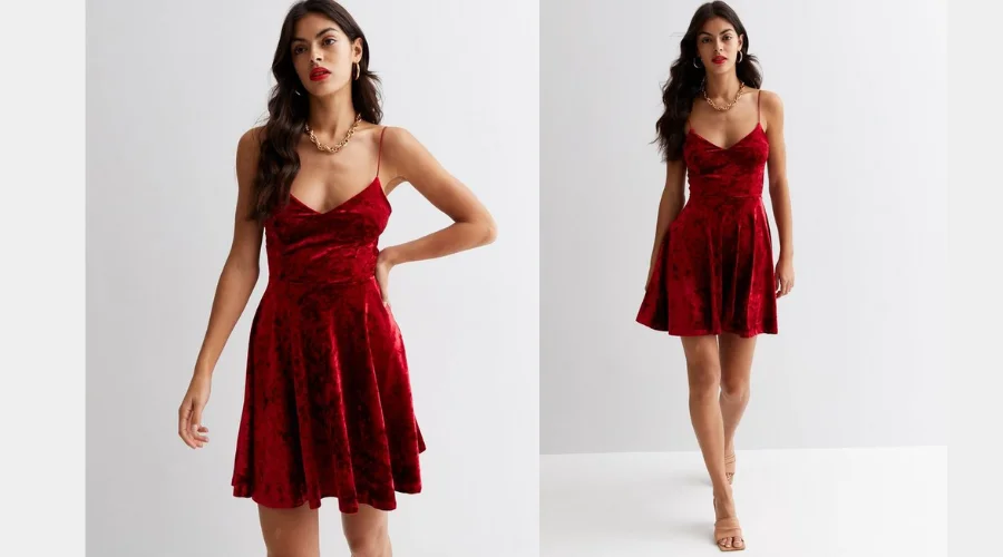 Red Crushed Velvet Strappy Mini Skater Dress