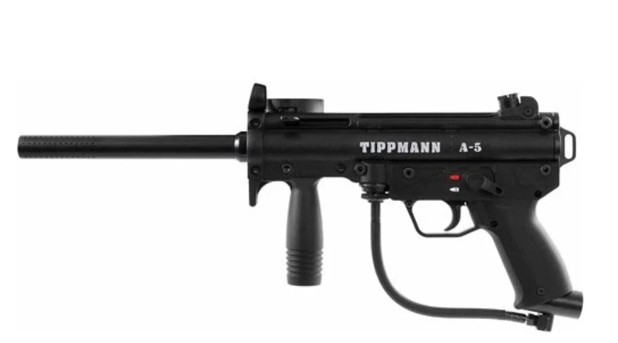 Tippmann A5 paintball marker with cyclone feed and response trigger