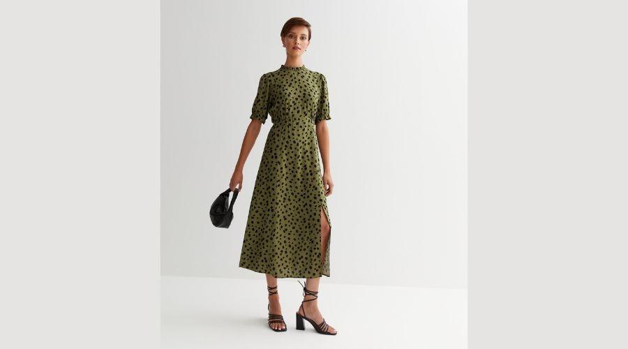 Green Spot Split Hem Midi Dress