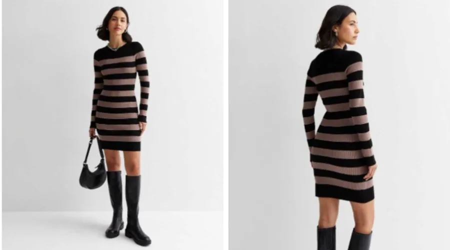 Brown stripe ribbed knit long sleeve mini dress