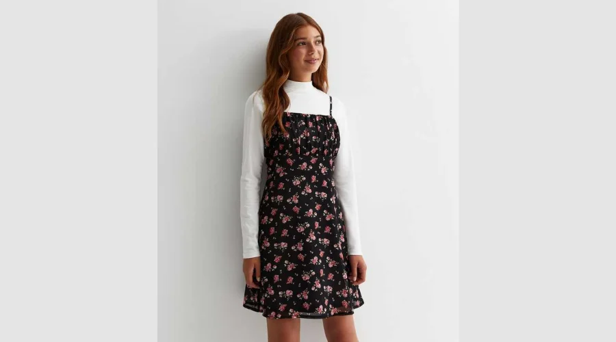 Girls' Black Rose Print Chiffon Ruched Mini Dress