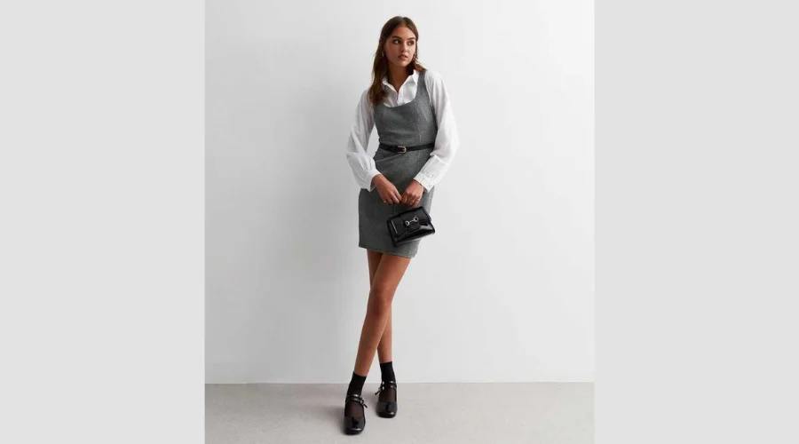 Light Grey Check Belted Mini Pinafore Dress
