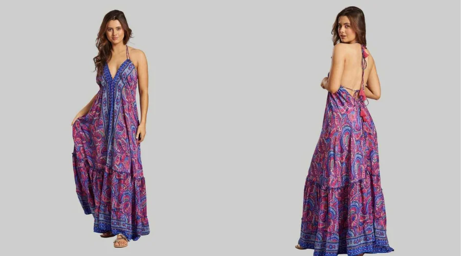 South Beach Pink Paisley Plunge Strappy Maxi Dress