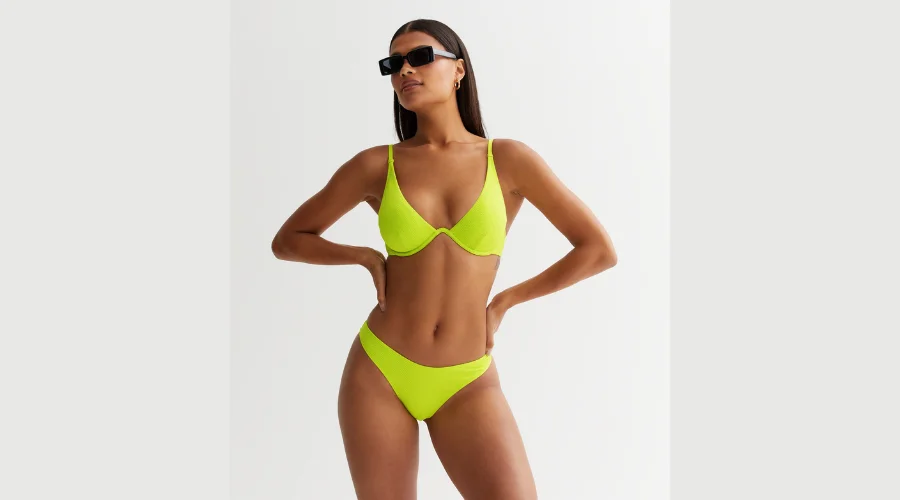 Yellow textured plunge underwired bikini top