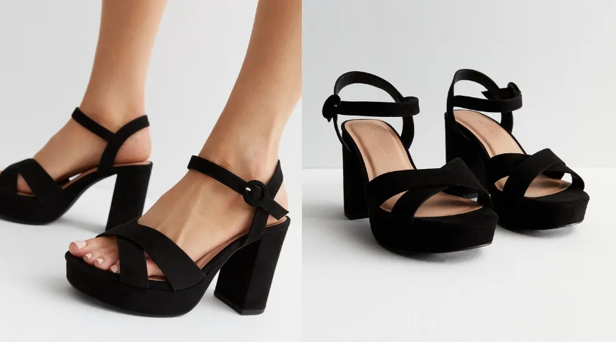 Extra wide fit black chunky block heel sandals | Neonpolice