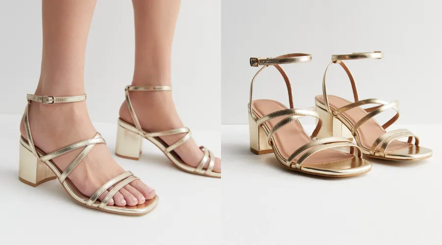 Extra wide fit gold strappy mid block heel sandals | Neonpolice