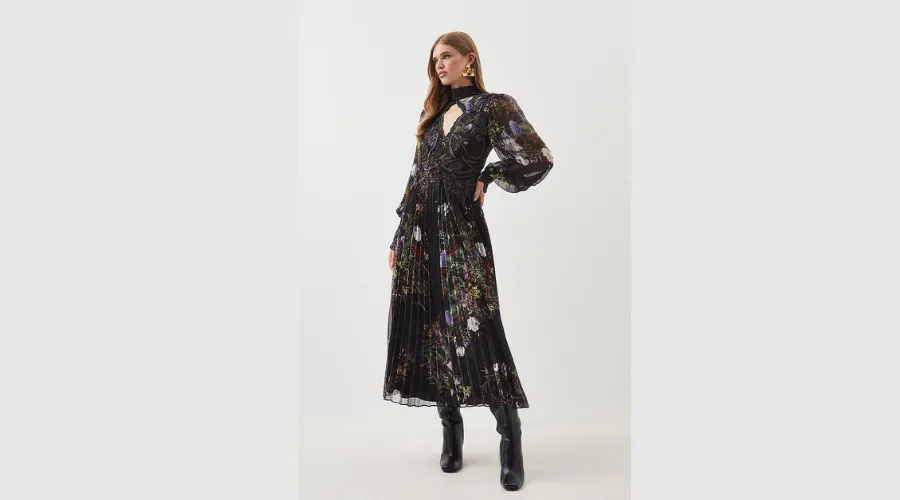 Petite Floral Applique Lace Pleated Maxi Dress | Neonpolice