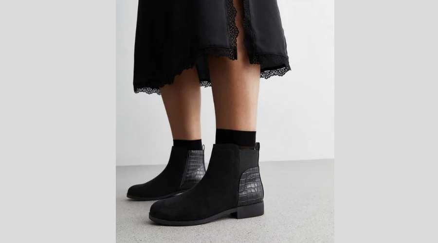 Wide Fit Black Faux Croc Chelsea Ankle Boots