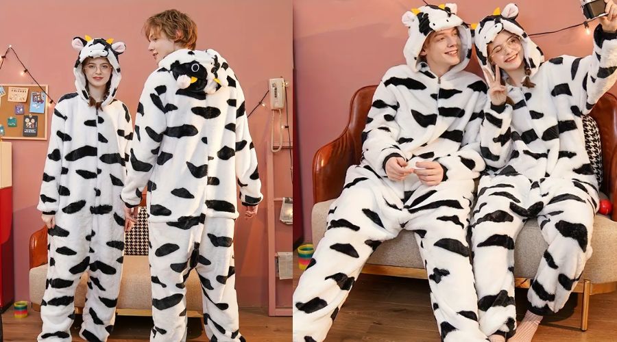 Cozy Flannel Cow Onesie Pajamas for Couples