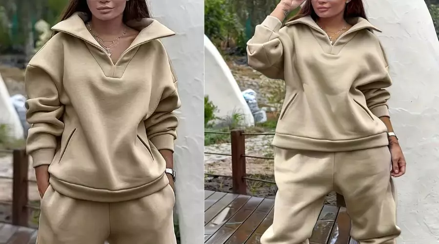 Women's Casual Sporty Two-Piece Set - V-Neck Long Sleeve Hoodie 