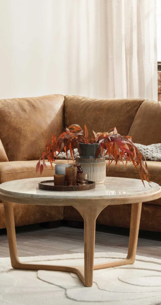 Terza Round Brown Teak with Marble Top Coffee Table (1)