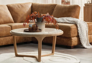 Terza Round Brown Teak with Marble Top Coffee Table