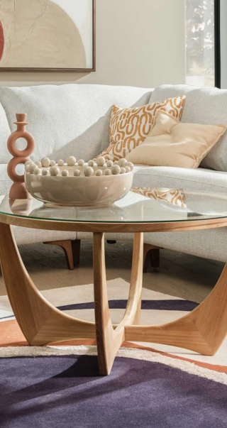 Yves Round Brown Teak with Glass Top Coffee Table (1)