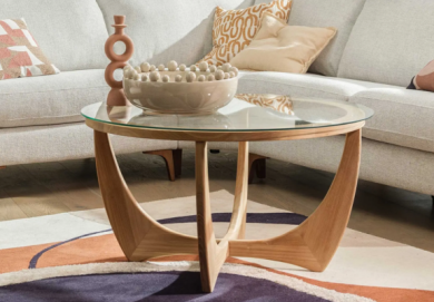 Yves Round Brown Teak with Glass Top Coffee Table